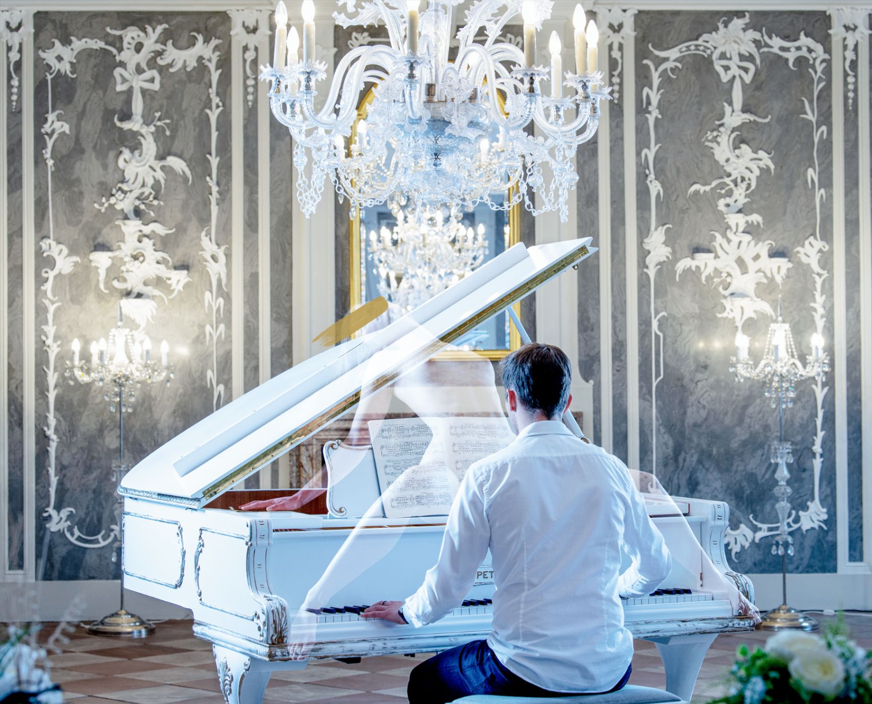 Female body and grand piano in negative overlay — photography, mixed media, 2026